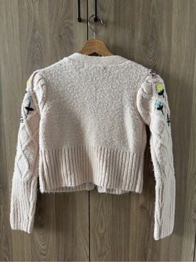 Urban Outfitters Cream Knit Cropped Cardigan with Embroidered Floral Sleeves